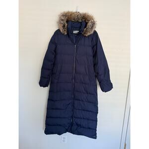 Lands End Womens Down Maxi Winter Stadium Puffer Coat Size Medium Faux Fur Hood